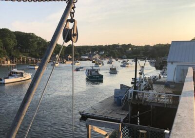 A diverse group of individuals stands on a dock, gazing at various boats moored in the water.
