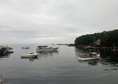 A serene body of water dotted with various boats, reflecting the clear sky above.