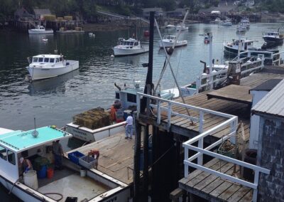 A serene dock featuring several boats moored alongside, reflecting a peaceful waterfront scene.
